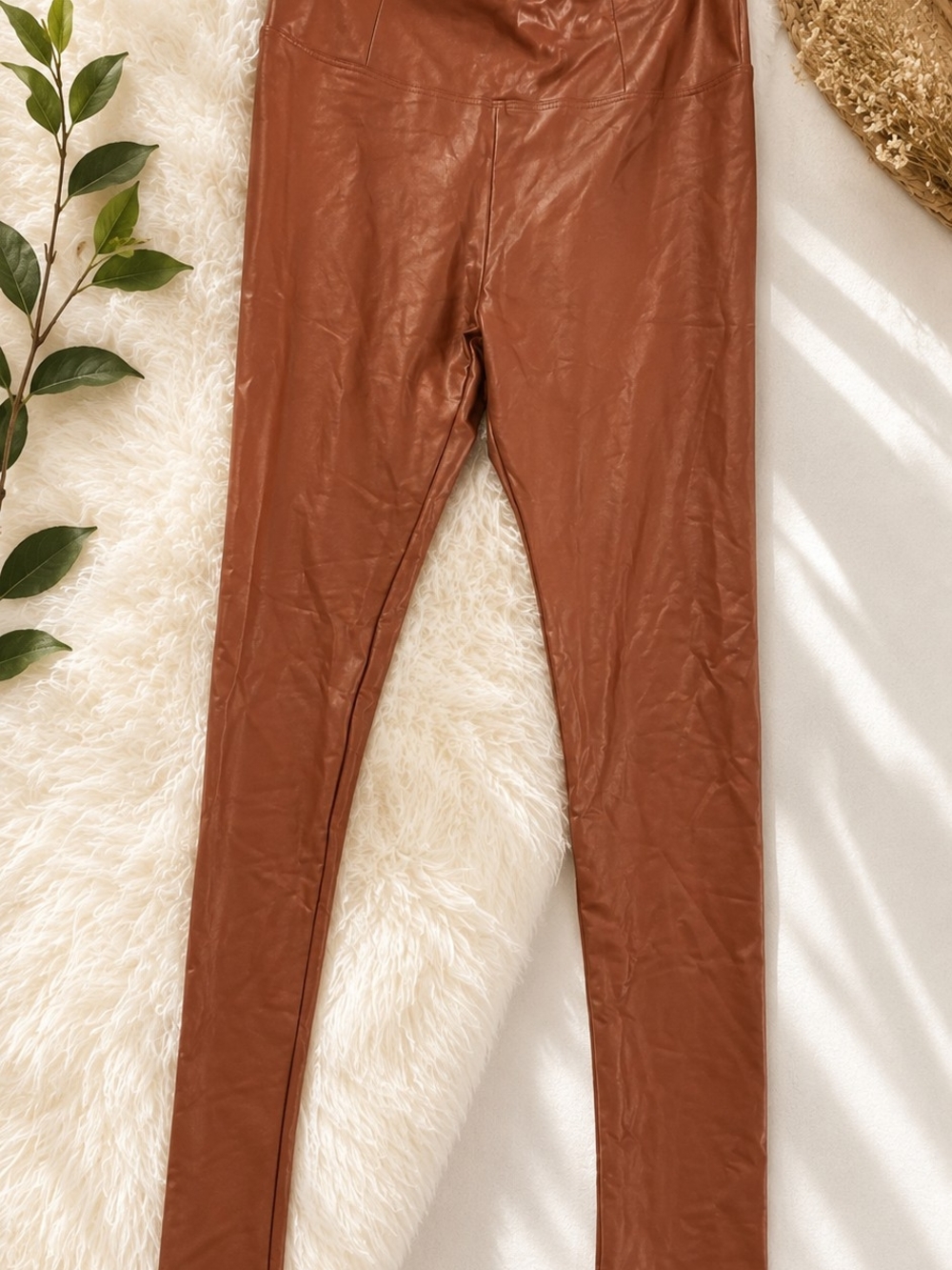 Shinestar Faux Leather Leggings | Size L | Camel High Waist Stretch Vegan Leathe